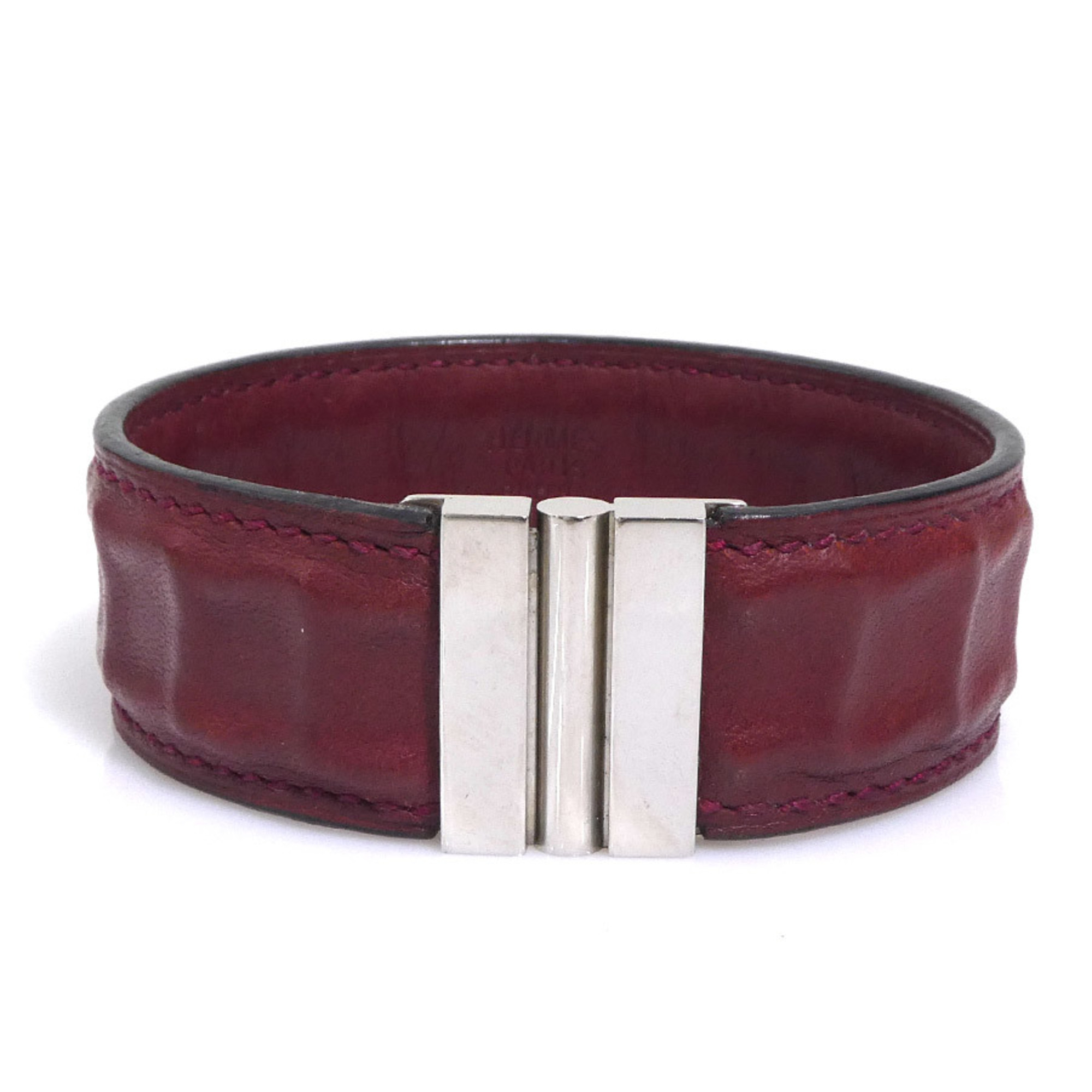 Hermes Hermes Bracelet Leather Metal Burgundy Silver Women's E61815a